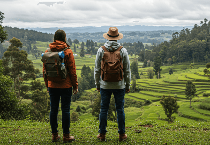 Conscious traveler in sustainable style, wearing eco-friendly travel apparel and a backpack