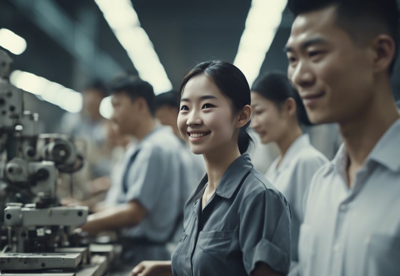 a woman in a factory with a man in a factory