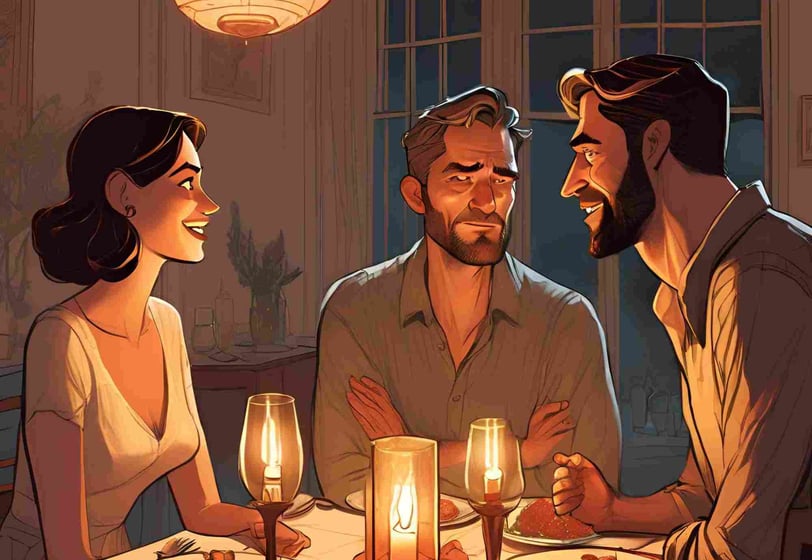 A couple dining at a table with candles, while a man watches his wife and her friend with a jealous expression.