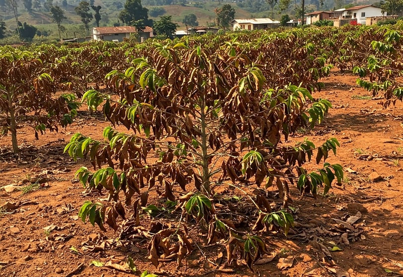 a field with a few trees and a mountain in the background
