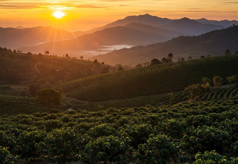 a sunset over a vineyard with a view of the mountains