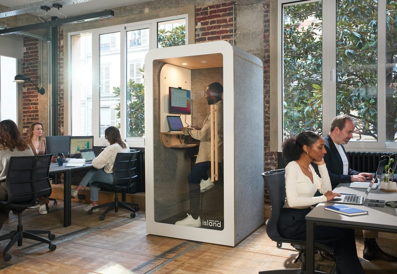 Office workers sitting at desks in a modern office with a Work With Island