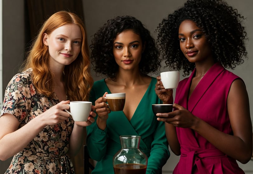three women are standing around a table with coffee cups