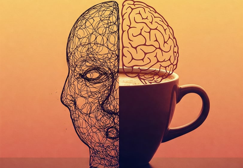 a cup of coffee with a brain scang