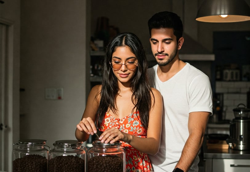 a man and woman standing in a kitchen