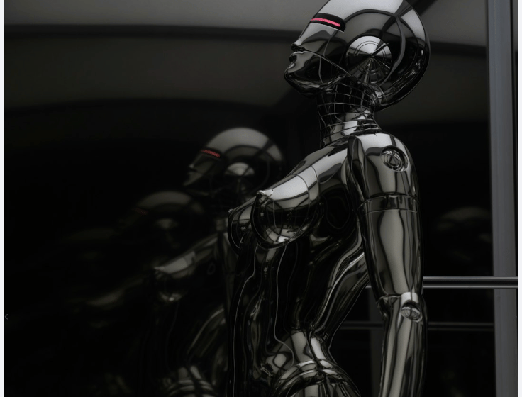 a shiny silver metallic metallic bodysuit with a helmet on