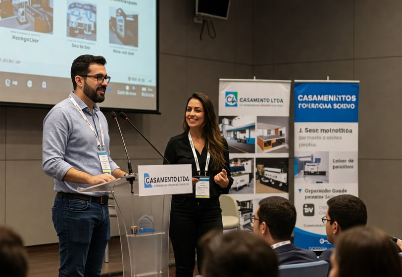 a man and woman standing in front of a presentation