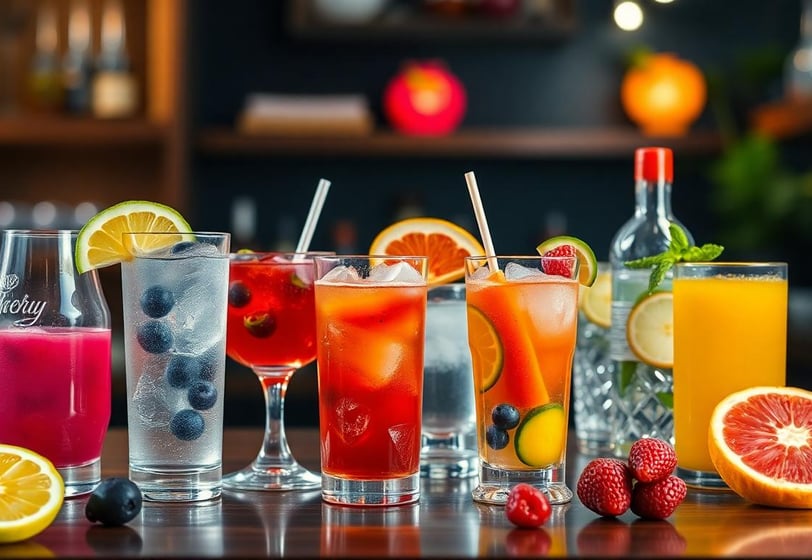 a variety of drinks in a bar