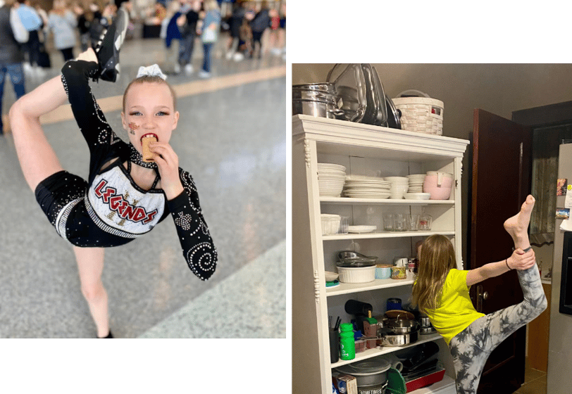 two pictures of baylor holding a scale body position