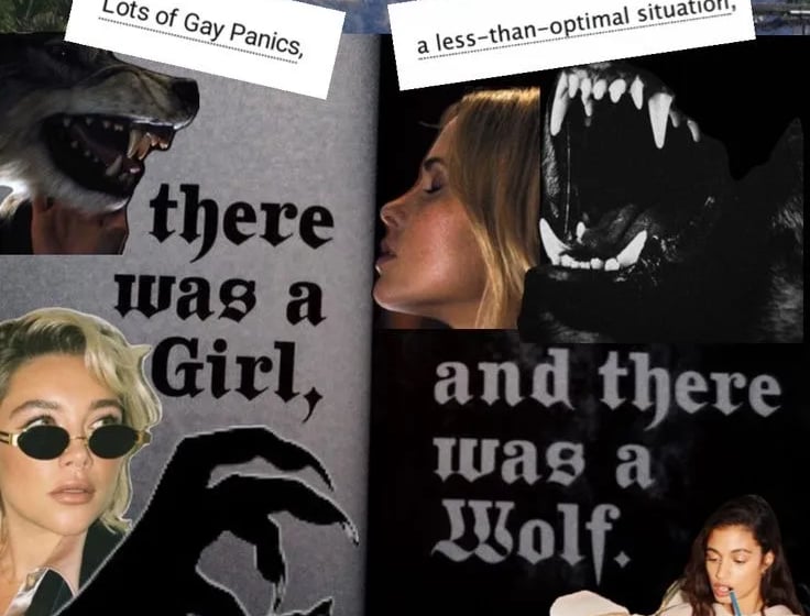 collage with women and snarling wolves. text reads There as a girl. And there was a wolf.