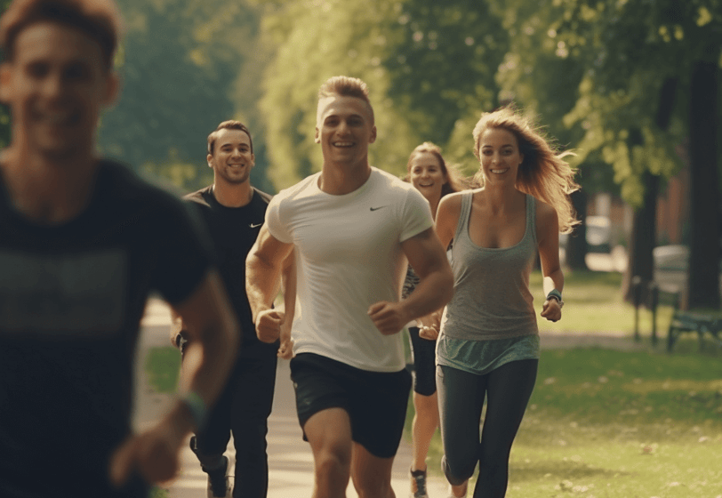 Group of men and women jogging at the neighbourhood park