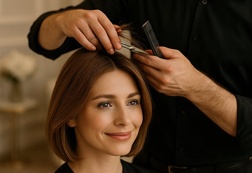 Mulher elegante com cabelos castanhos em corte bob, sentada em um salĂŁo de beleza sofisticado, sorrindo levemente enquanto um