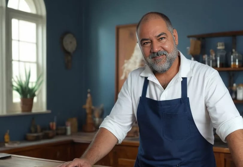 Artesano de Aretística en su taller, con delantal azul y camisa blanca, sonriendo mientras trabaja e