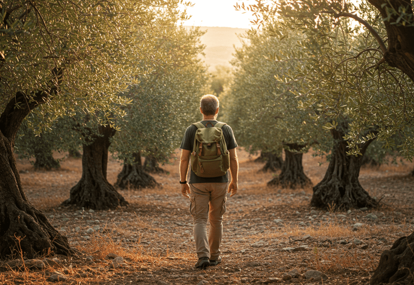 Man using a Modern Travel Backpack while walking by trees