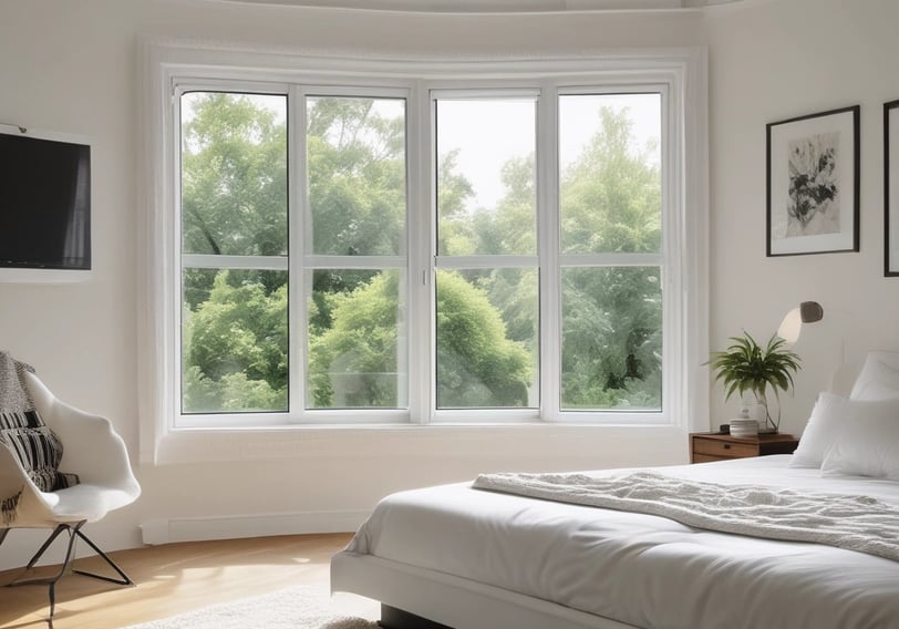 a bedroom with a large window and a chair