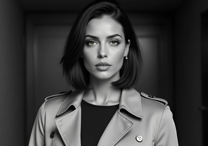 Vivienne Vale in a sleek trench coat, staring ahead in black-and-white, poised and cinematic.