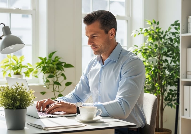 a man sitting at a desk with a laptop computer