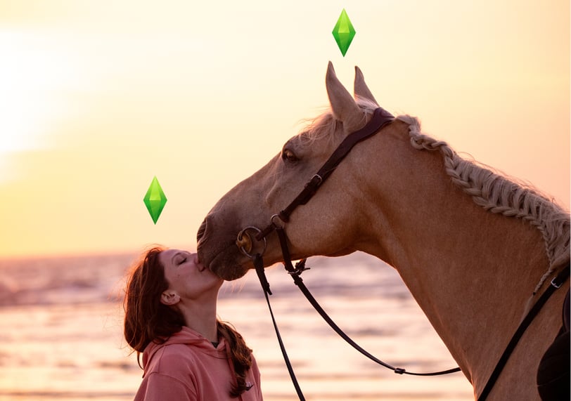 es sims cheval cavalier plage coucher de soleil