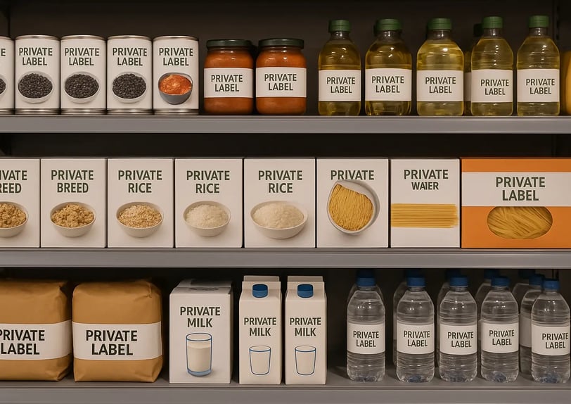 Private label products on supermarket shelves 2025