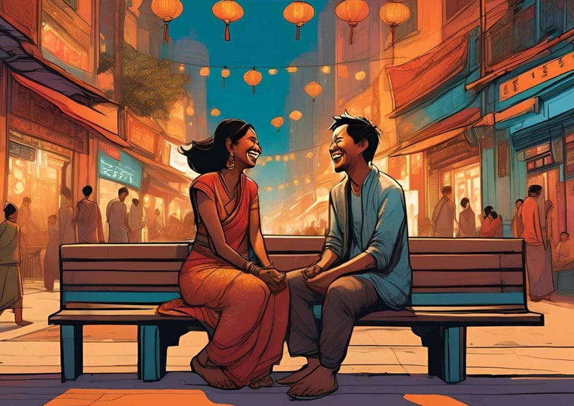 A couple seated on a bench in a city, illustrating cultural differences in relationships with their gestures and proximity.