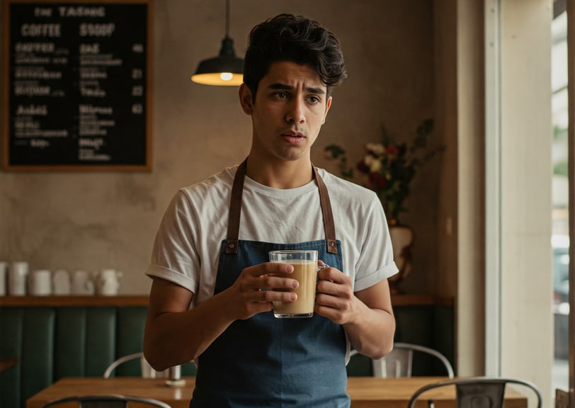a man in a apron and aprons holding a cup of coffee