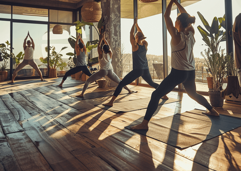 a group of people doing yoga in a room
