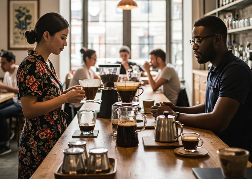 a man and woman are standing at a bar