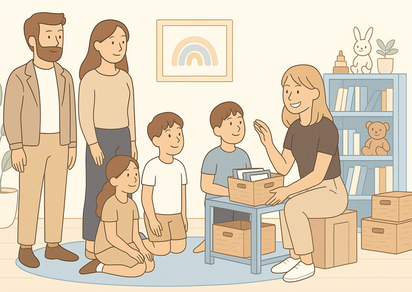 Professional organizer teaching a family how to sort and store keepsakes with care.