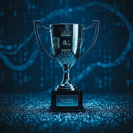 A winner's trophy on a blue background, symbolizing having a winning real estate SEO strategy