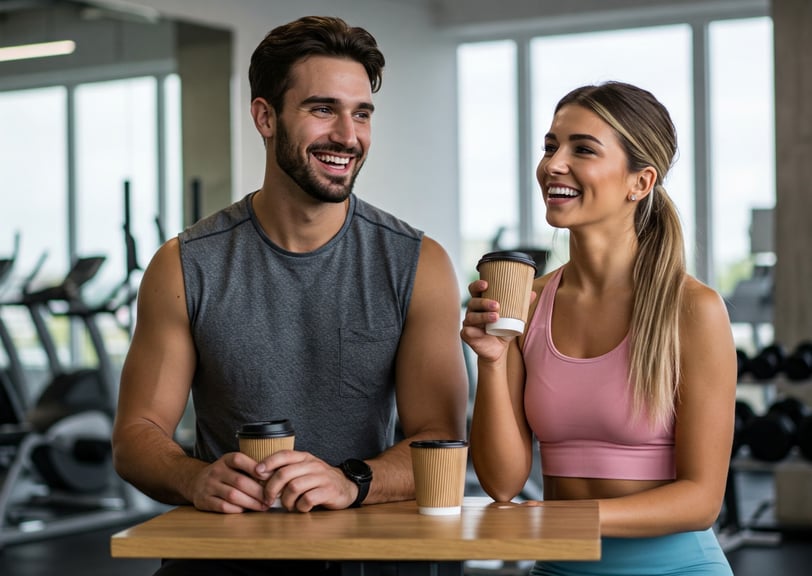 a man and woman sitting at a table with coffee