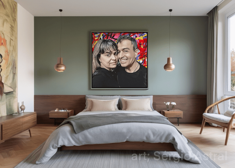 Elegância e modernidade se encontram neste quarto de casal com um quadro pop-art vibrante.
