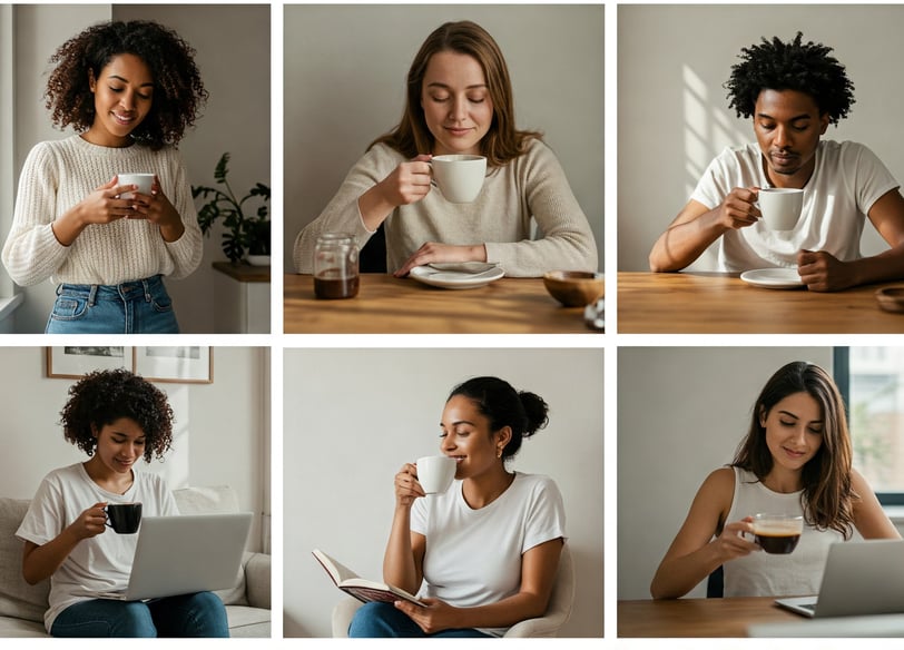 a woman sitting at a table with a laptop and a cup of coffee