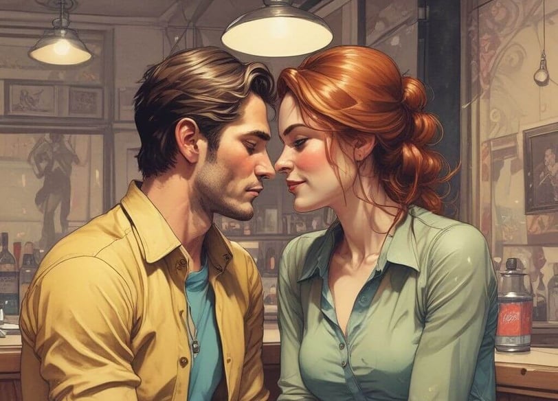 A couple at a cafe table, sharing a moment together while sipping beverages.