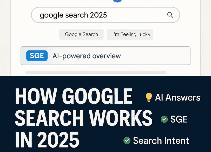 Google Search interface and algorithm in 2025 showing AI answers, SGE, and search factors.
