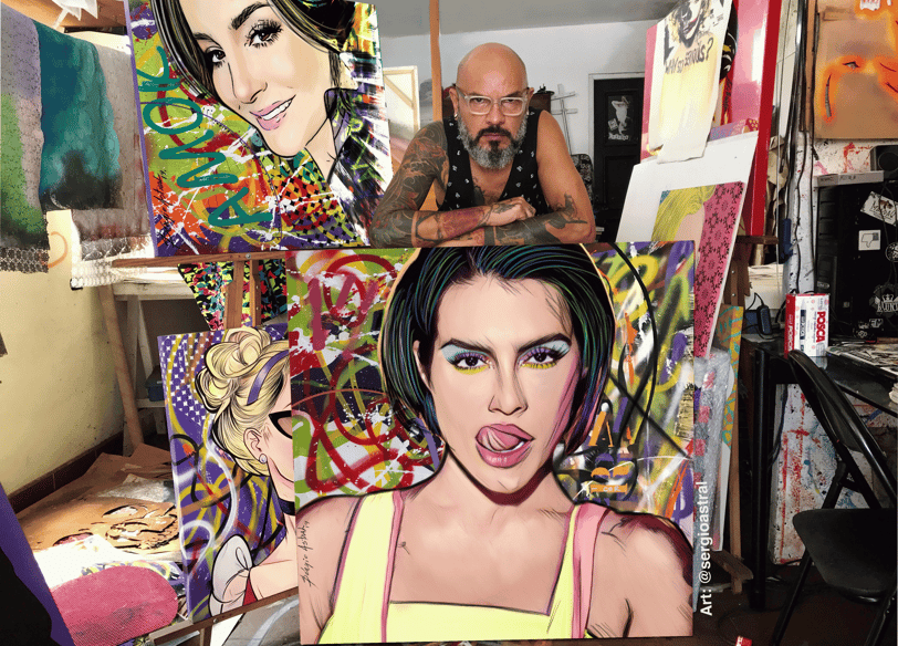 Sérgio Astral em seu ateliê , com quadros pintados de clientes