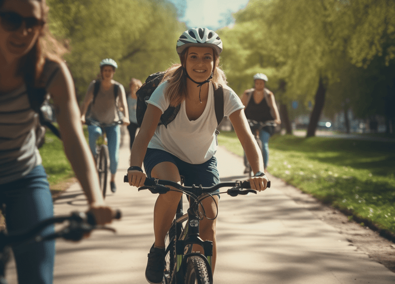 Group of men and women cycling at the park