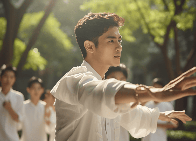 Group of men and women practicing TaiChi