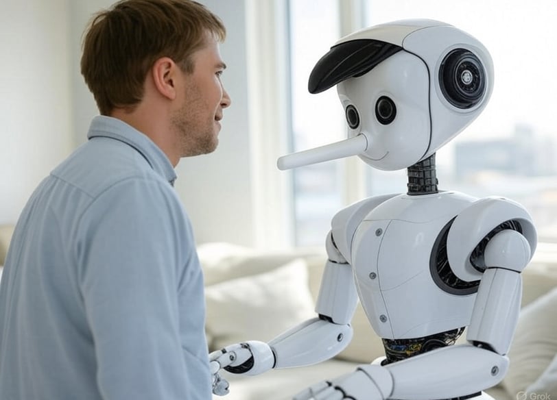 a man in a blue shirt is standing next to a robot