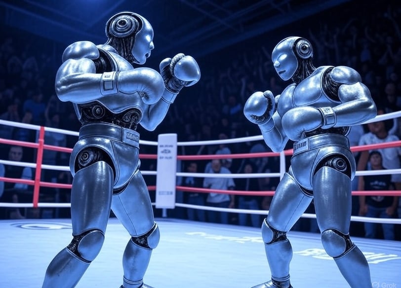 two robots are fighting in a boxing ring