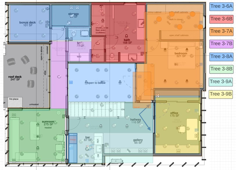 A floorplan, showing which areas of the house would be wired for which trees
