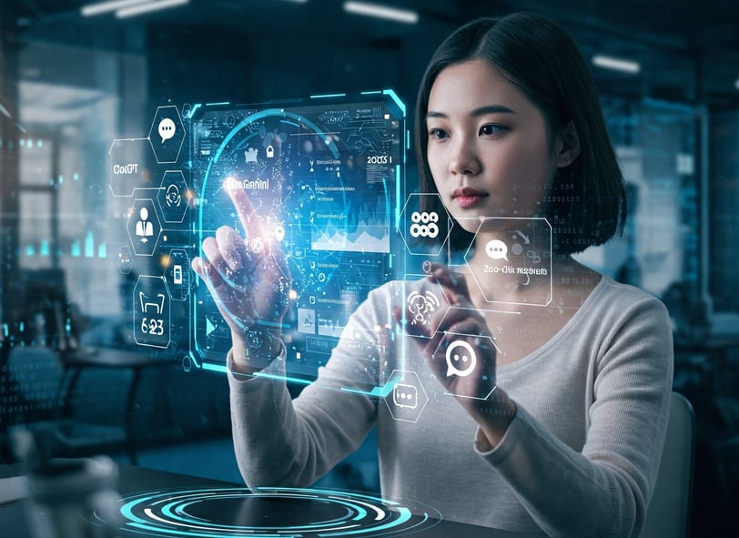 "A futuristic digital marketing concept scene showing a person using a holographic screen with AI icons like ChatGPT, Google 