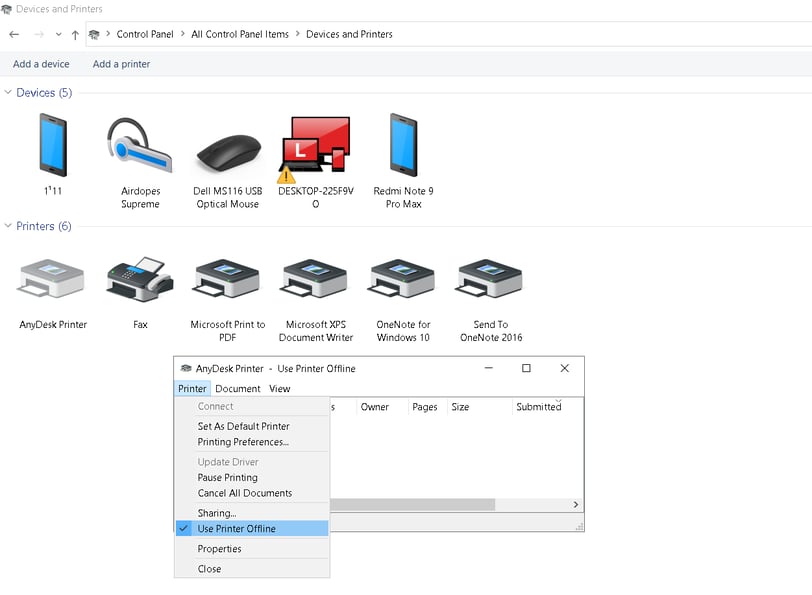 Troubleshooting menu on Windows for diagnosing and fixing printer offline errors.