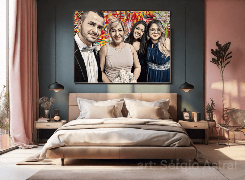 Design moderno e sofisticado: quadro pop-art destaca-se no quarto aconchegante.