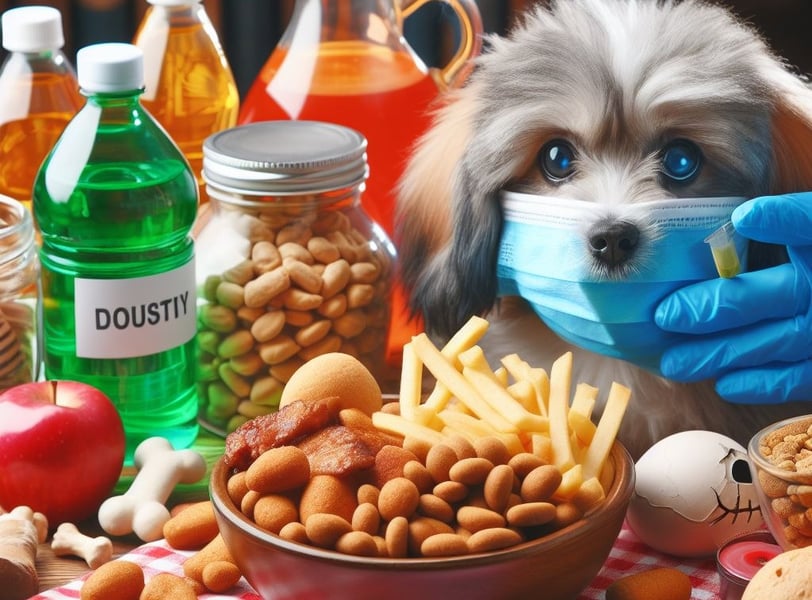 Illustration of foods harmful to dogs, warning about toxic substances and promoting pet safety."