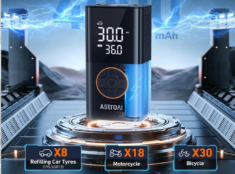AstroAI Cordless Tyre Inflator in action, inflating a car tyre with its digital display and LED light for dark emergencies