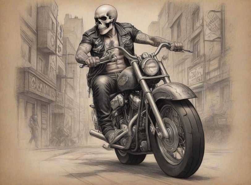 Caveira envenenada pilotando Harley-Davidson em ilustração exclusiva.