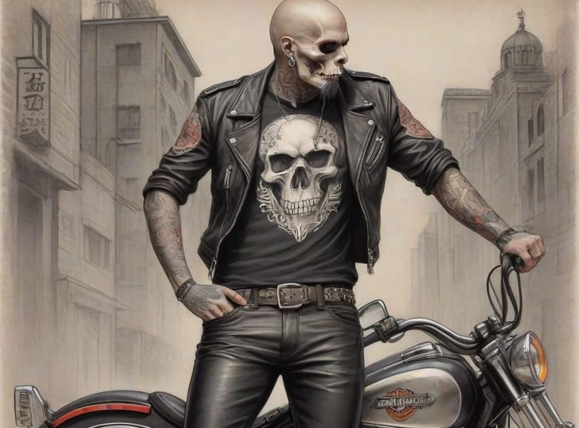 Quadro de caveira motociclista em ambiente urbano da Cavérik