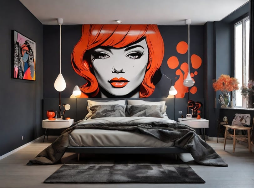 Atmosfera aconchegante e moderna: quarto de casal com um toque artístico dado pelo quadro pop-art.