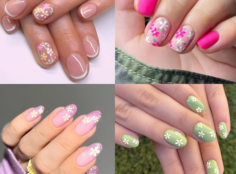 Elegant hands display vibrant spring nail art with French tips, almond shapes, and subtle nude hues