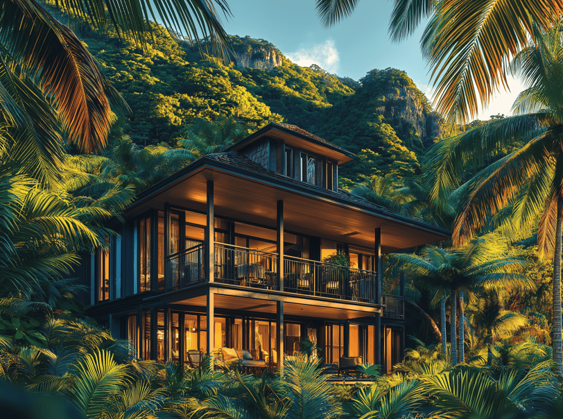 Illustration conceptuelle d’un hôtel de charme en Guadeloupe, niché au cœur d’une végétation luxuriante et surplombant la me